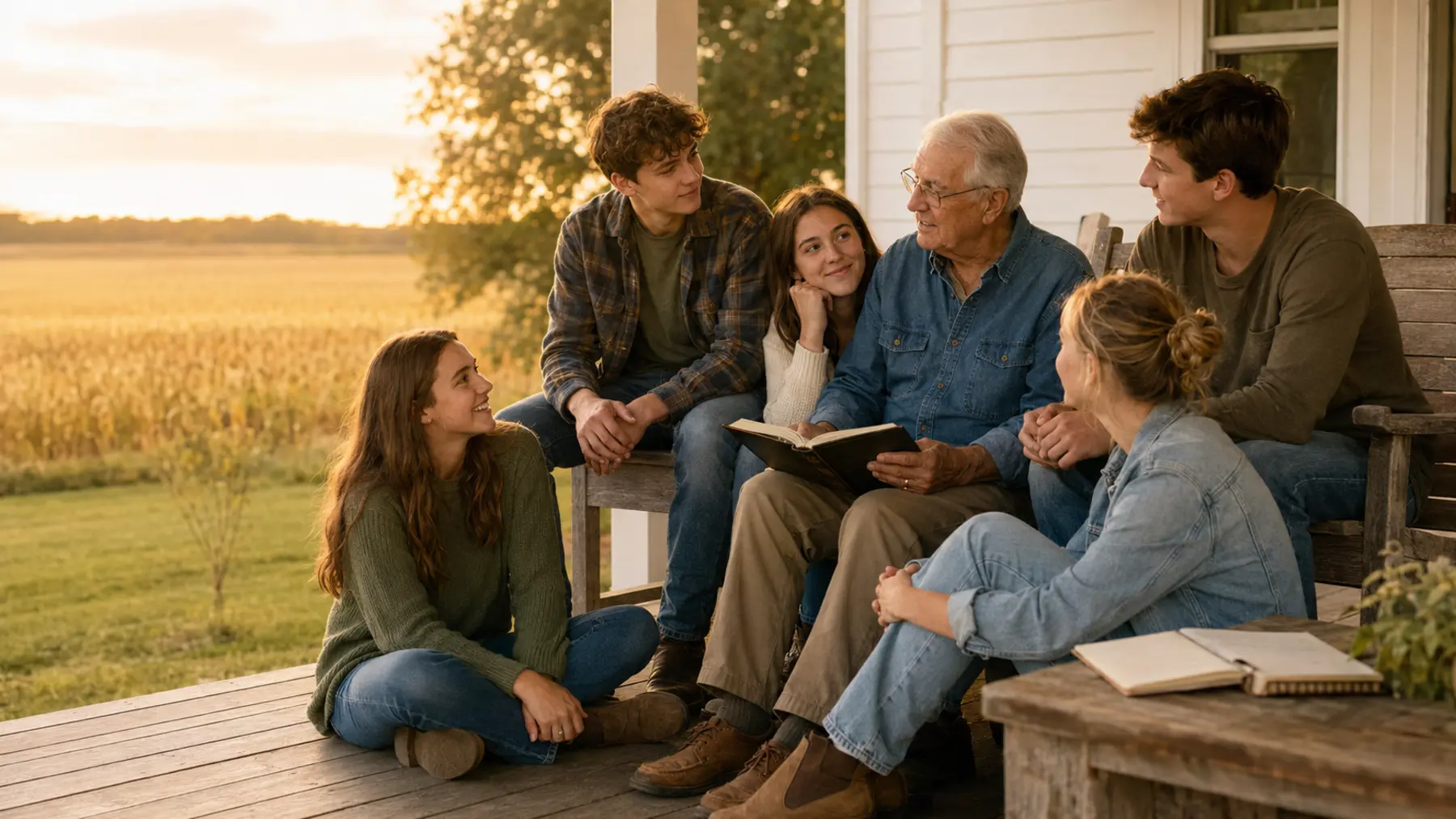 A grandfather sitting outdoors with five grandchildren